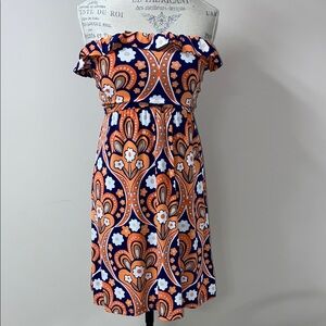 Judith March Navy Orange Psychedelic Floral Mini Dress Off-Shoulder Dress small